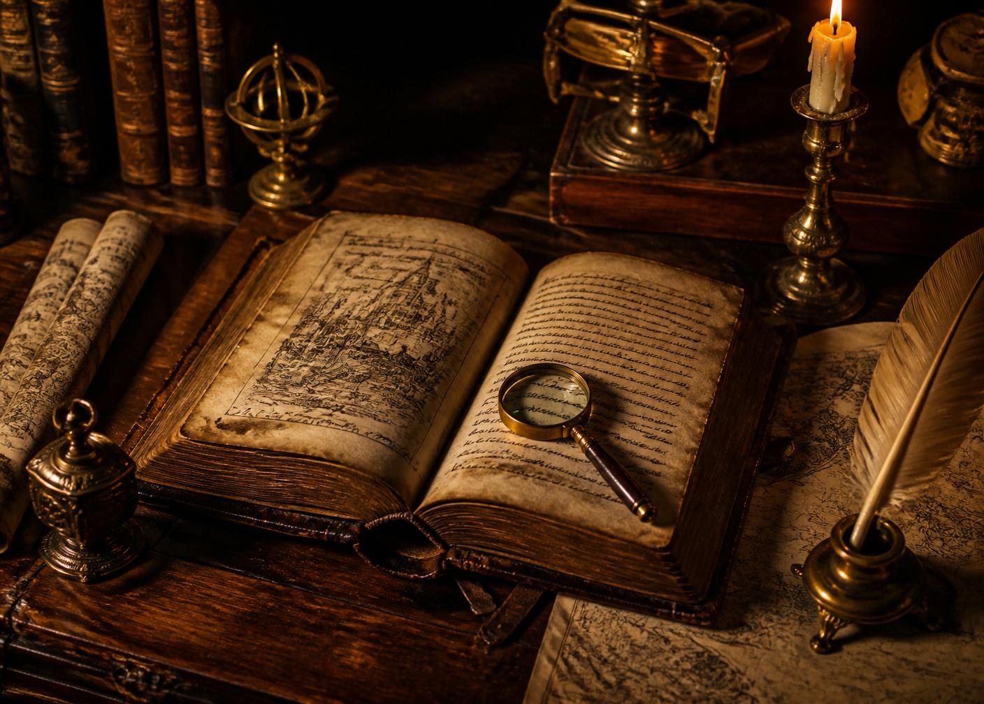 Mesa de estudos com livro antigo, lupa, mapa e velas
